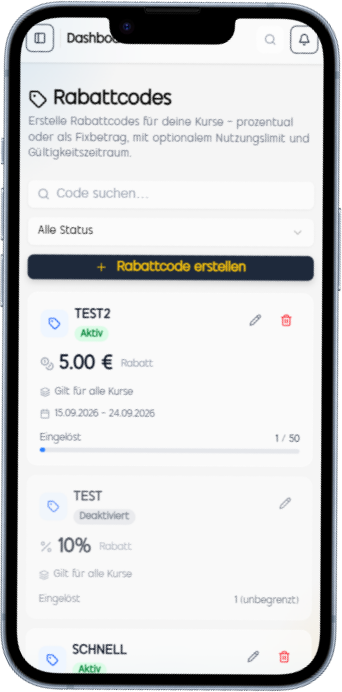 Rabattcodes auf dem iPhone mit Status, Rabatthöhe und Gültigkeitszeitraum